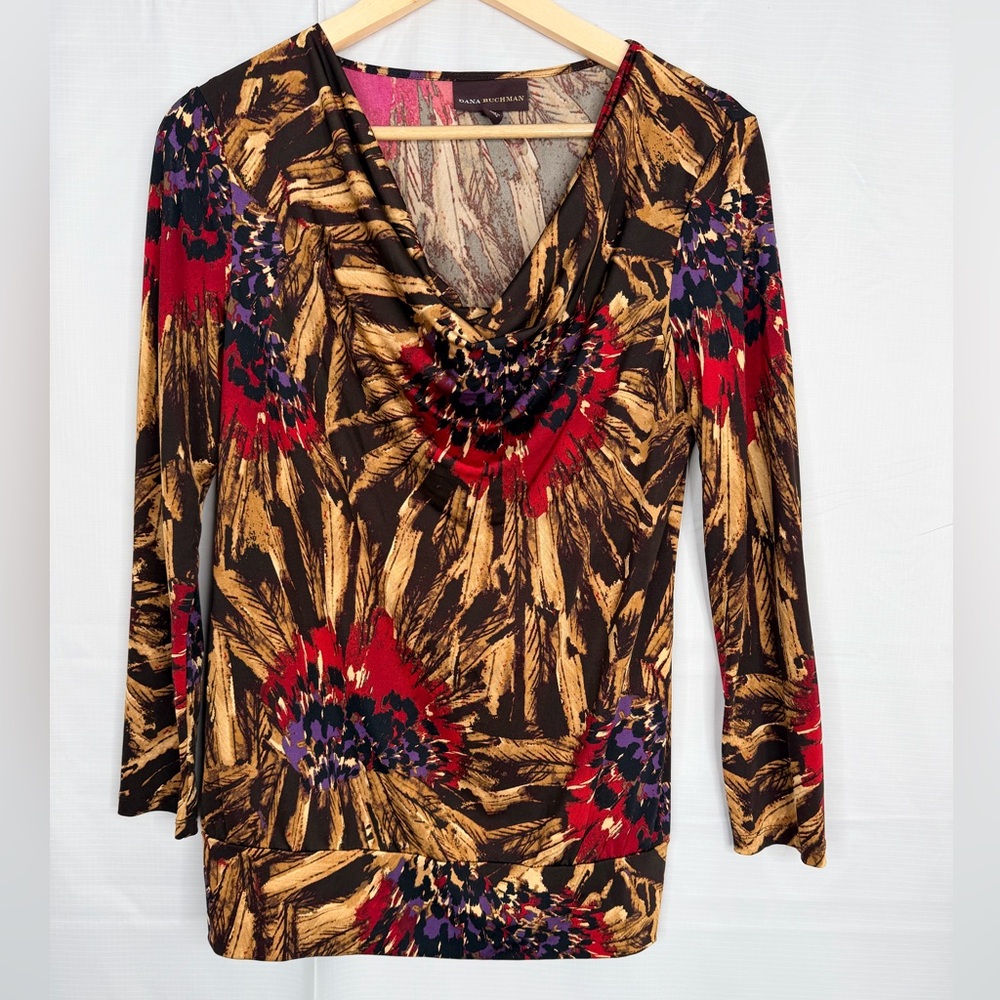 Dana Buchman Floral Abstract Drape Neck Long Sleeve Blouse Medium